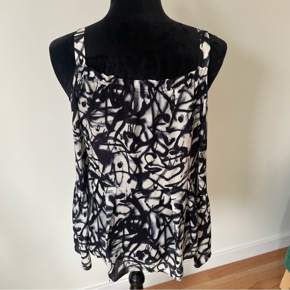 Nicole Miller Black White Graffiti Print Cold Shoulder Bell Sleeve V-Neck Blouse - Picture 3 of 10